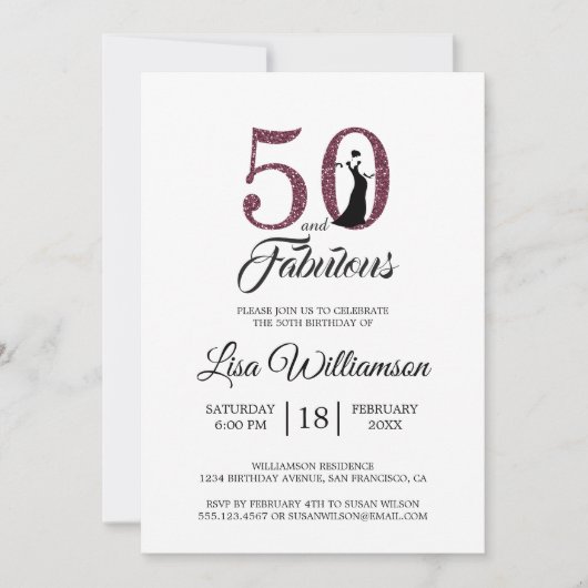 Bordeaux Glitters 50 Feestelijke 50e Verjaardagsfe Kaart (Voorkant)