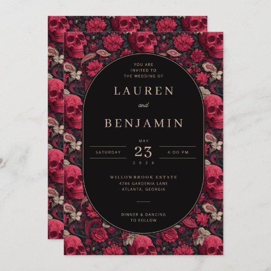 Bordeaux Gothic Paisley Wedding Kaart (Voorkant / Achterkant)