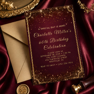 Bordeaux & Goud Glitter 60ste Verjaardagsfeest Kaart
