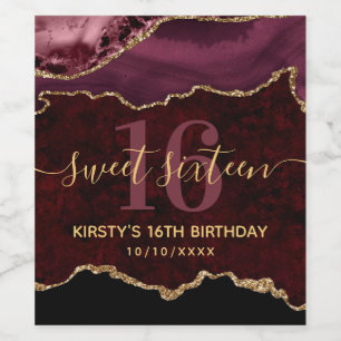 Bordeaux & Goud Glitterende Agate Marmer Sweet Six Wijn Etiket