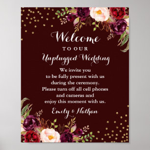 Bordeaux Gouden Bloem Bruiloft Bord met 'Unplugged Poster