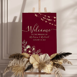 Bordeaux Gouden Bloem Bruiloft Welkom Bord Poster