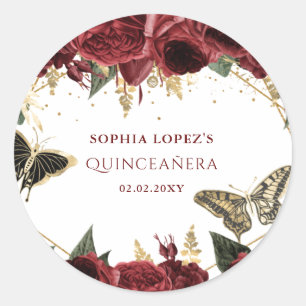 Bordeaux Gouden Bloem Vlinders Quinceanera   Ronde Sticker