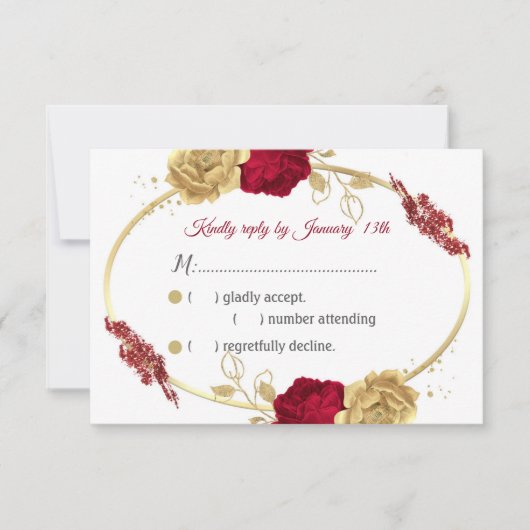 bordeaux & gouden bloemen & gouden bladeren RSVP-k RSVP Kaartje (Voorkant)