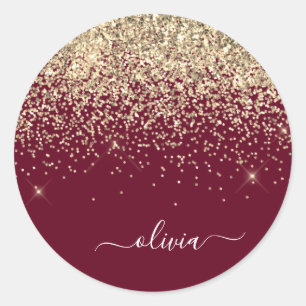 Bordeaux Gouden Glitter Meisjesachtige Monogram Gl Ronde Sticker