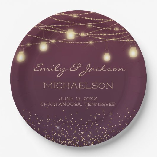 Bordeaux Gouden Glitter Slingerlicht Lantaarn Brui Papieren Bordje (Voorkant)