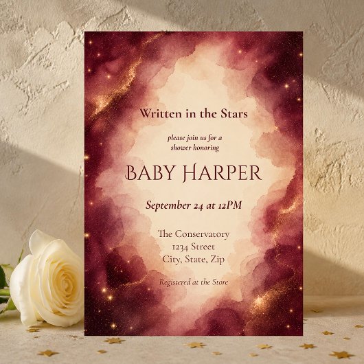 Bordeaux & Gouden Hemelse Baby Shower Uitnodiging