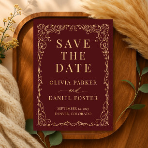Bordeaux Gouden Minimalistische Trouwkaart 'Save t Save The Date
