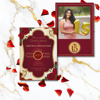 Bordeaux & Gouden Quinceañera Foto Uitnodiging