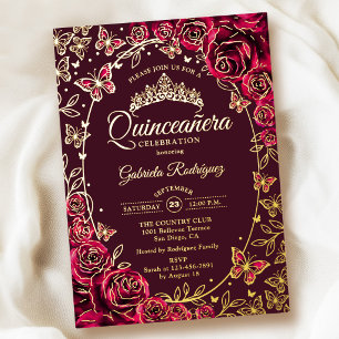 Bordeaux Gouden Vlinders Rozen Quinceanera Folie Uitnodiging