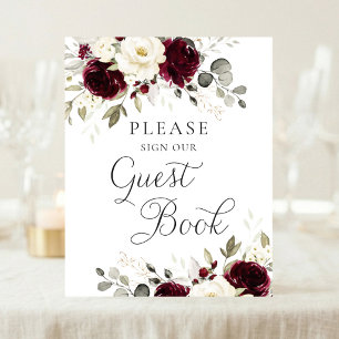 Bordeaux groene bloemen trouw gast boek bord poster
