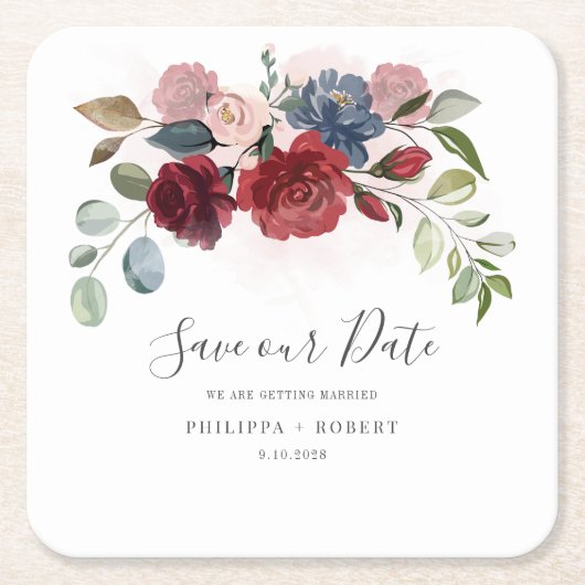 Bordeaux Huwelijk Florale Script Save the Date Kartonnen Onderzetters (Voorkant)