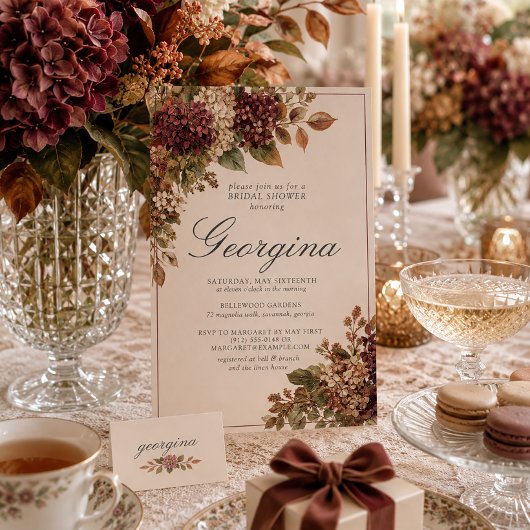 Bordeaux ivoor hortensia monogram bruiloftsborrel kaart