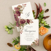 Bordeaux ivoor hortensia monogram bruiloftsborrel kaart