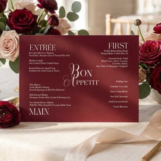 Bordeaux ivoor monogram bruiloftsmenu menu