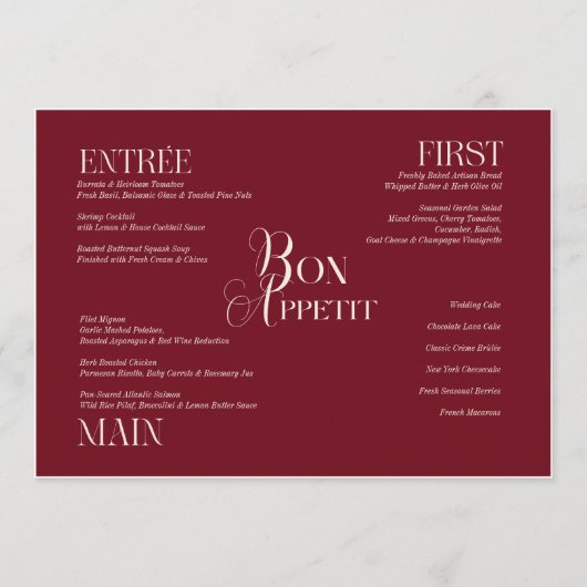 Bordeaux ivoor monogram bruiloftsmenu menu (Voorkant)