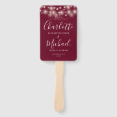 Bordeaux Kleur Slingerlichten Script Trouwprogramm Handwaaier (Voorkant)