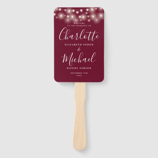 Bordeaux Kleur Slingerlichten Script Trouwprogramm Handwaaier (Voorkant)