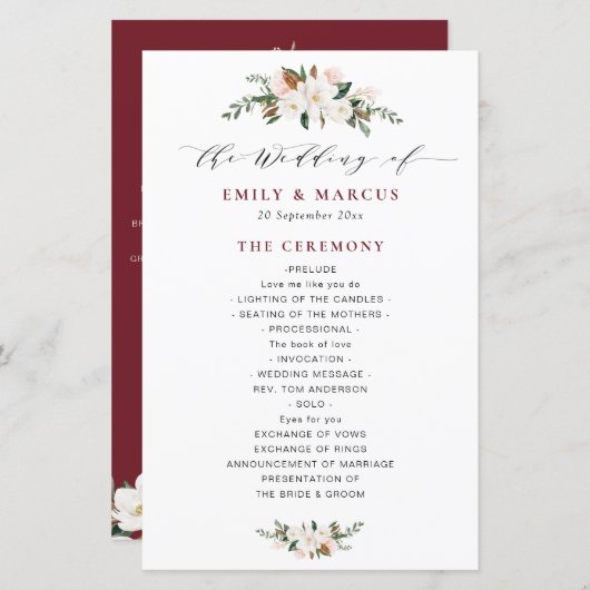 Bordeaux magnolia bloemige trouwprogramma (Voorkant / Achterkant)
