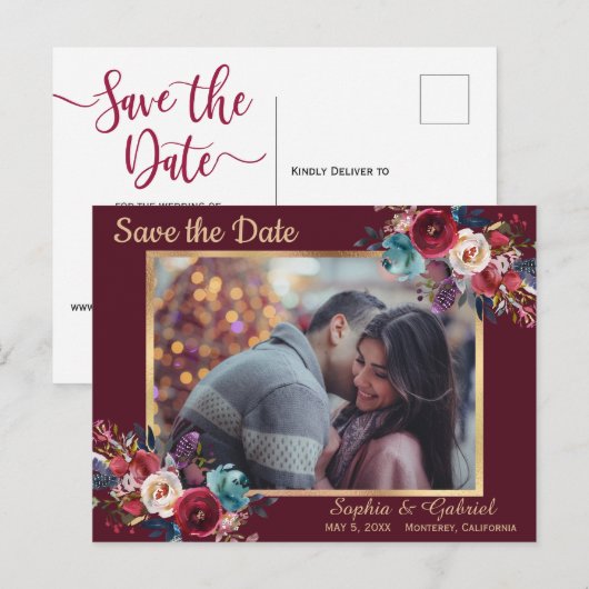 Bordeaux Marine Bloem Moderne Foto Uitnodigingskaa Aankondigingskaart (Voorkant / Achterkant)