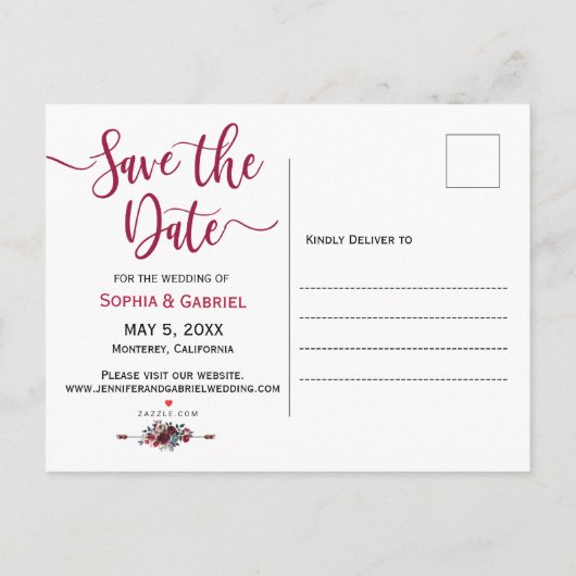 Bordeaux Marine Bloem Moderne Foto Uitnodigingskaa Aankondigingskaart (Achterkant)