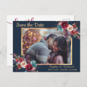 Bordeaux Marine Bloemen Blauw Foto Save the Date Aankondigingskaart (Voorkant / Achterkant)