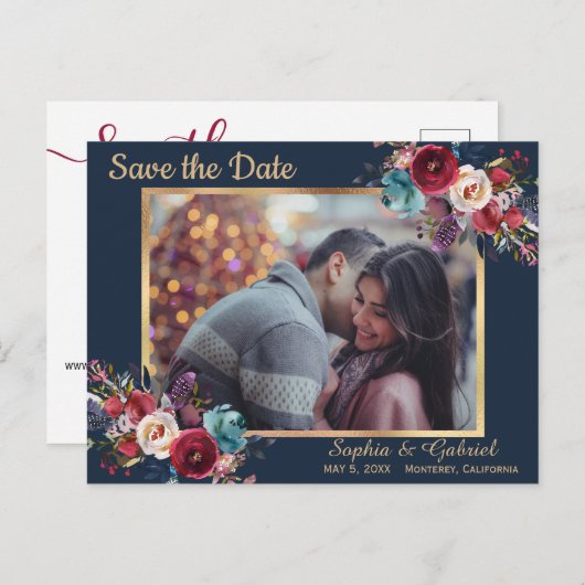 Bordeaux Marine Bloemen Blauw Foto Save the Date Aankondigingskaart (Voorkant / Achterkant)