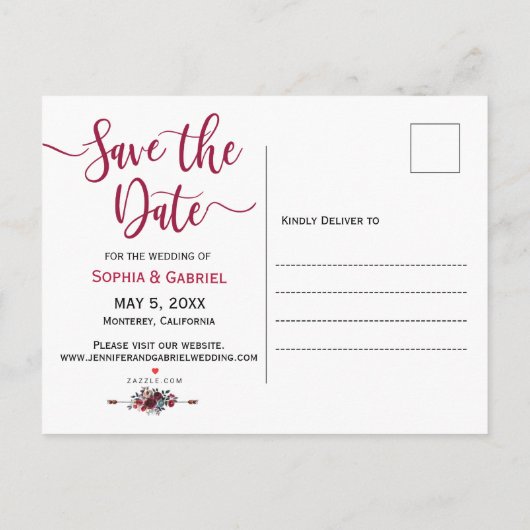 Bordeaux Marine Bloemen Blauw Foto Save the Date Aankondigingskaart (Achterkant)