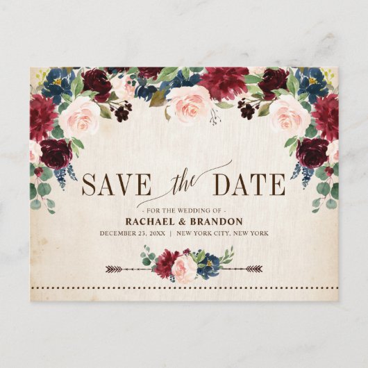 Bordeaux Marine Bloemige Landelijke Opslag Bericht Aankondigingskaart (Voorkant)