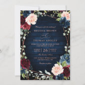 Bordeaux Marine Blush Roze Goud QR Code Huwelijk Kaart (Voorkant)