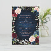 Bordeaux Marine Blush Roze Goud QR Code Huwelijk Kaart (Staand voorkant)