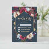 Bordeaux Marine Pêche Bloemenframe Trouw RSVP kaar (Staand voorkant)