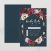 Bordeaux marine perzik bloemen kader trouw RSVP ka (Voorkant / Achterkant)