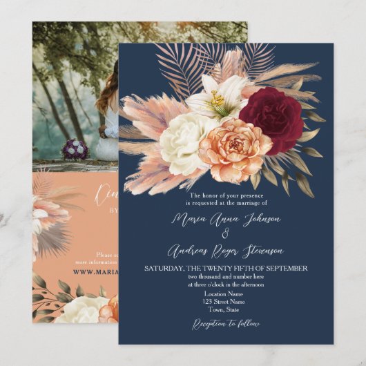 Bordeaux Marine QR Code Trouwen Kaart (Voorkant / Achterkant)