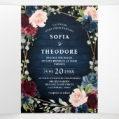 Bordeaux Marine Roze Bloem Goud Geometrisch Trouwe Drieluik Aankondiging (Binnenkant midden)