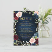 Bordeaux Marine Roze Bloemig Geometrisch Trouwen Informatiekaartje (Staand voorkant)