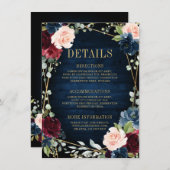 Bordeaux Marine Roze Bloemig Geometrisch Trouwen Informatiekaartje (Voorkant / Achterkant)