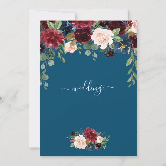 Bordeaux Marineblauw Bloemrijke Calligrafie Bruilo Kaart (Achterkant)
