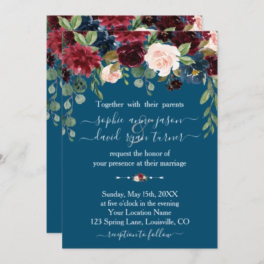 Bordeaux Marineblauw Bloemrijke Calligrafie Bruilo Kaart (Voorkant / Achterkant)