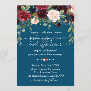 Bordeaux Marineblauw Bloemrijke Calligrafie Bruilo Kaart