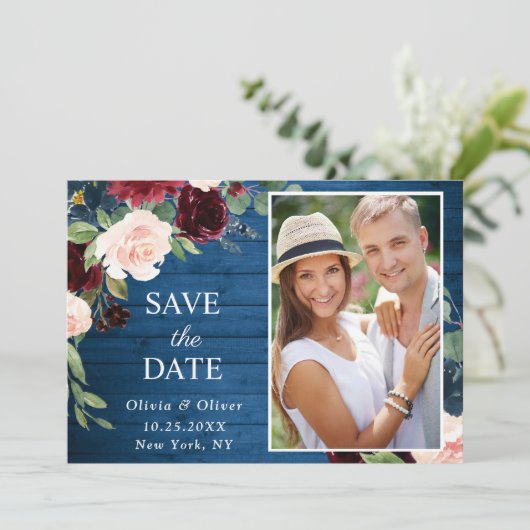 Bordeaux Marineblauw Blos FOTO Bloem Bruiloft Save The Date (Staand voorkant)