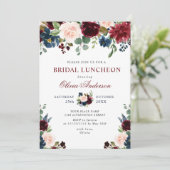 Bordeaux Marineblauw Blozende Bloemen BRUIDSLUNCH Kaart (Staand voorkant)