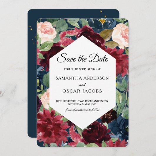 Bordeaux Marineblauw & Rood Aquarel Bloem Kader Save The Date (Voorkant / Achterkant)