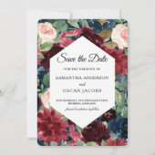 Bordeaux Marineblauw & Rood Aquarel Bloem Kader Save The Date (Voorkant)