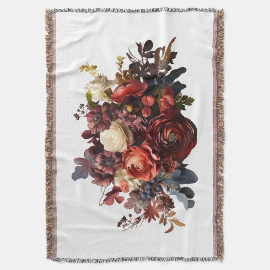 bordeaux maroon koraal wit humeurig bloemig deken (Voorkant Verticaal)