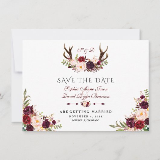 Bordeaux Marsala Bloem Takken Bosbes Save The Date (Voorkant)