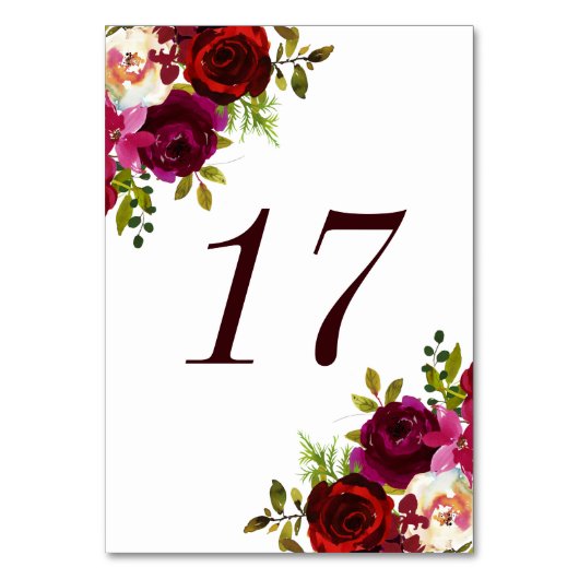 Bordeaux Marsala Bloemen Tafel Nummer Kaart (Voorkant)