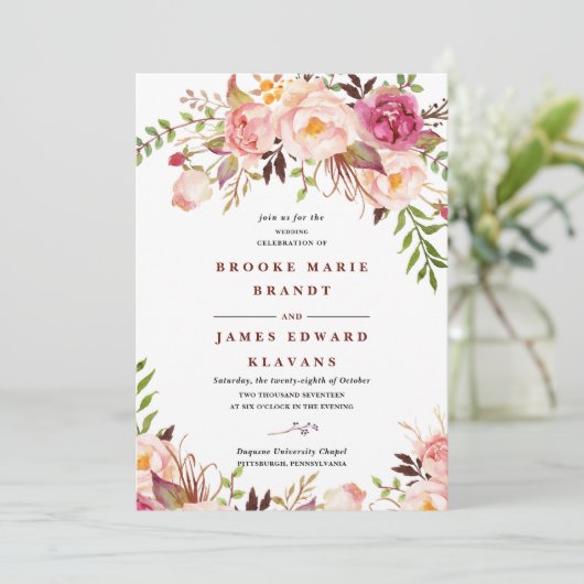 bordeaux Marsala Blush Boho bruiloft uitnodiging (Staand voorkant)