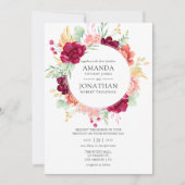 Bordeaux - Marsala en Blush Bloemen Bruiloft Kaart (Voorkant)