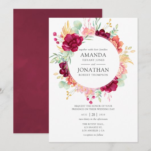Bordeaux - Marsala en Blush Bloemen Bruiloft Kaart (Voorkant / Achterkant)